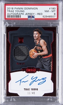 2018-19 Panini Dominion Red #180 Trae Young Signed Jersey Rookie Card (#11/49) - PSA NM-MT 8